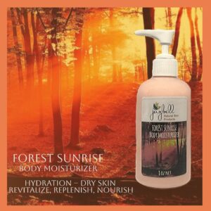 8oz Bottle of Hydration-Body Moisturizer Forest Sunrise Body with a label depicting a forest at sundown in red and orange hues.