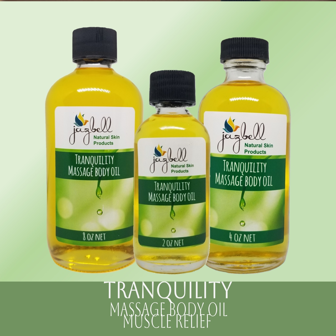 Tranquility Massage Body Oil – Infused with Tea Tree, Jasmine & Eucalyptus for Deep Muscle Relief, Skin Hydration & Relaxation. Depicting a 2oz Tranquility bottle with an under layer of candles