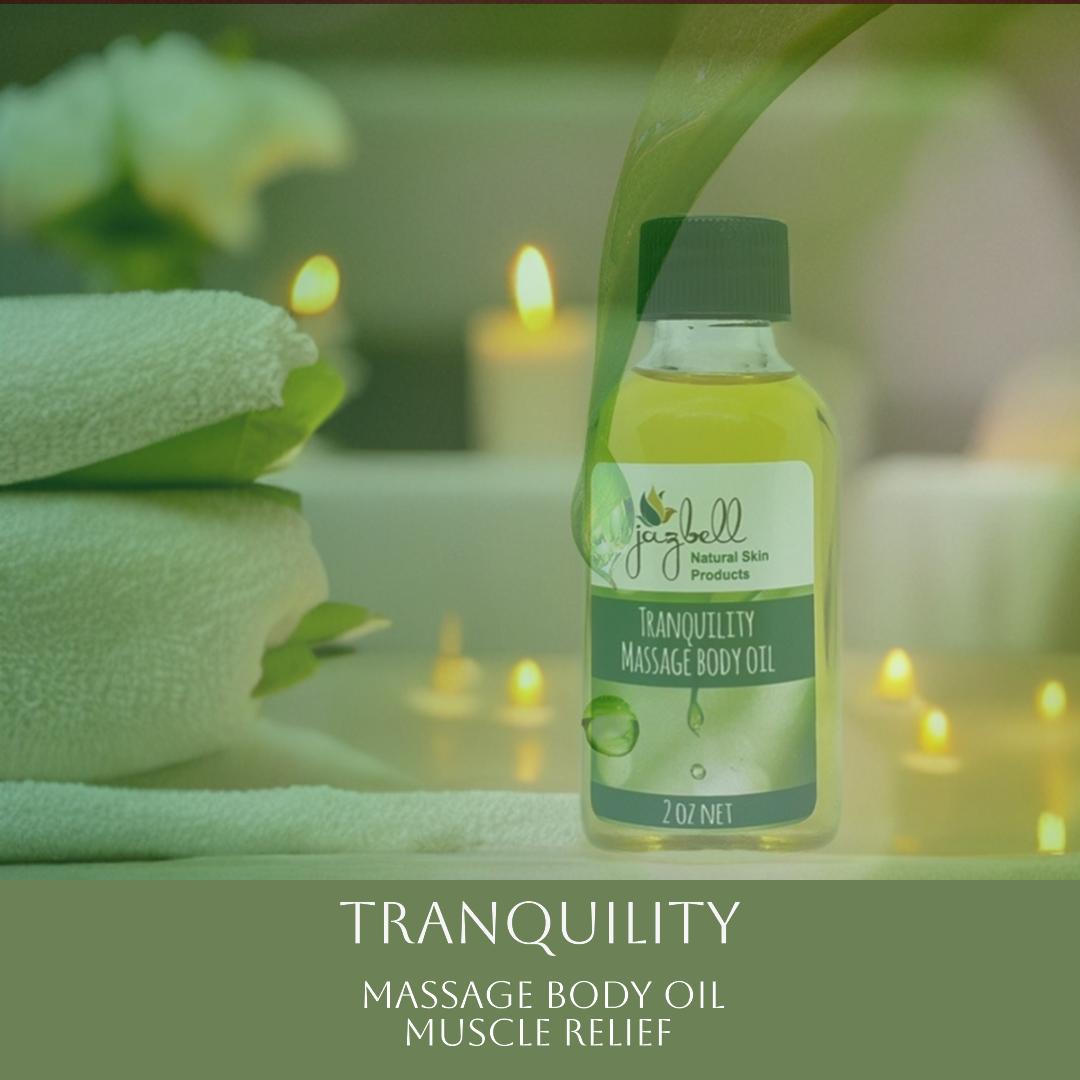 Tranquility Massage Body Oil – Infused with Tea Tree, Jasmine & Eucalyptus for Deep Muscle Relief, Skin Hydration & Relaxation. Depicting a 2oz Tranquility bottle with an under layer of candles