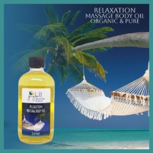 A 8oz bottle of Relaxation oil with a hamack and ocean on the label