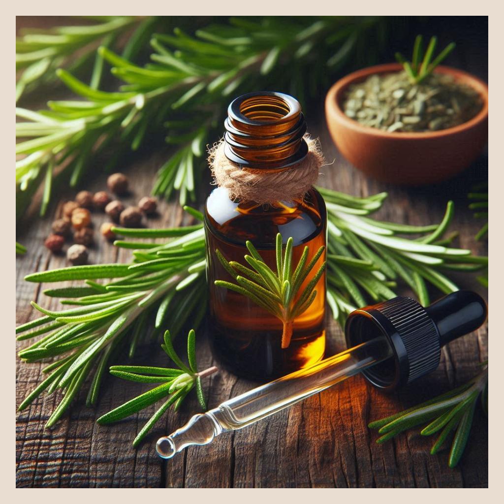 A bottle of rosemary oil with some rosemary around it